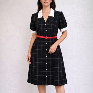 Shelby & Palmer Black Windowpane Collar Button Front Midi Shirt Dress Sz 12
